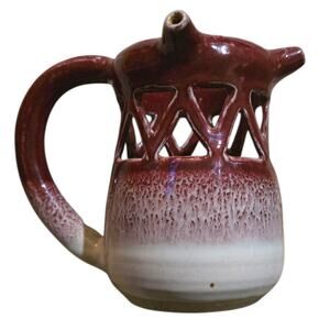 stoke pottery Stoneware puzzle jug Signed Maroon White 6.5 in Tall